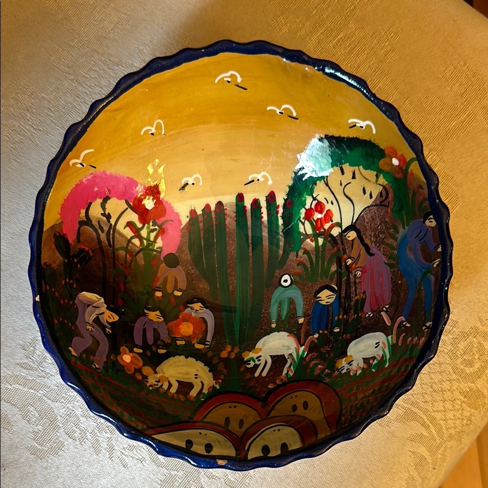 Handpainted, Mexican folk art three footed salsa bowl, decorative farm with cats